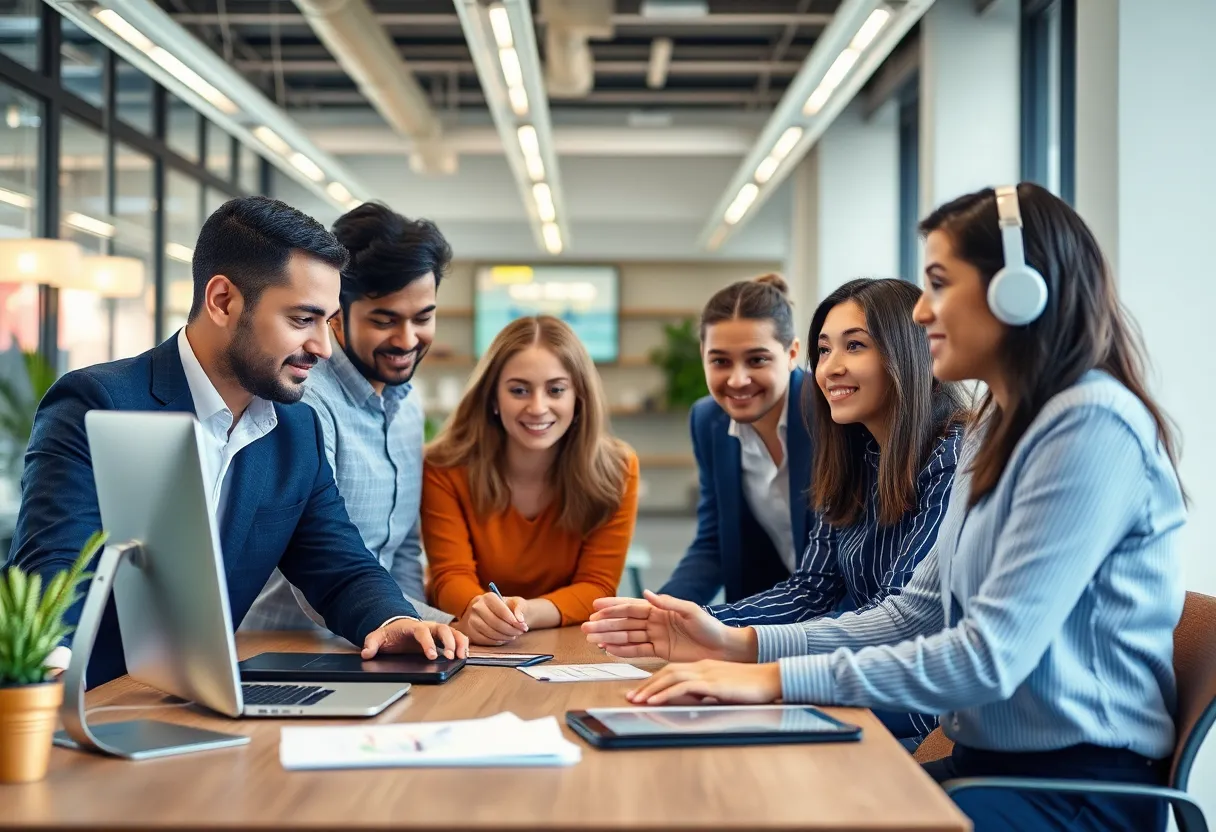 Diverse team in modern advertising agency office using AI technology.