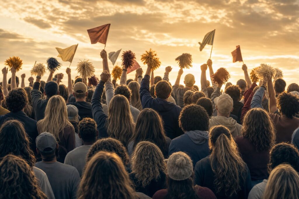 Stadium crowd cheering under a golden sky